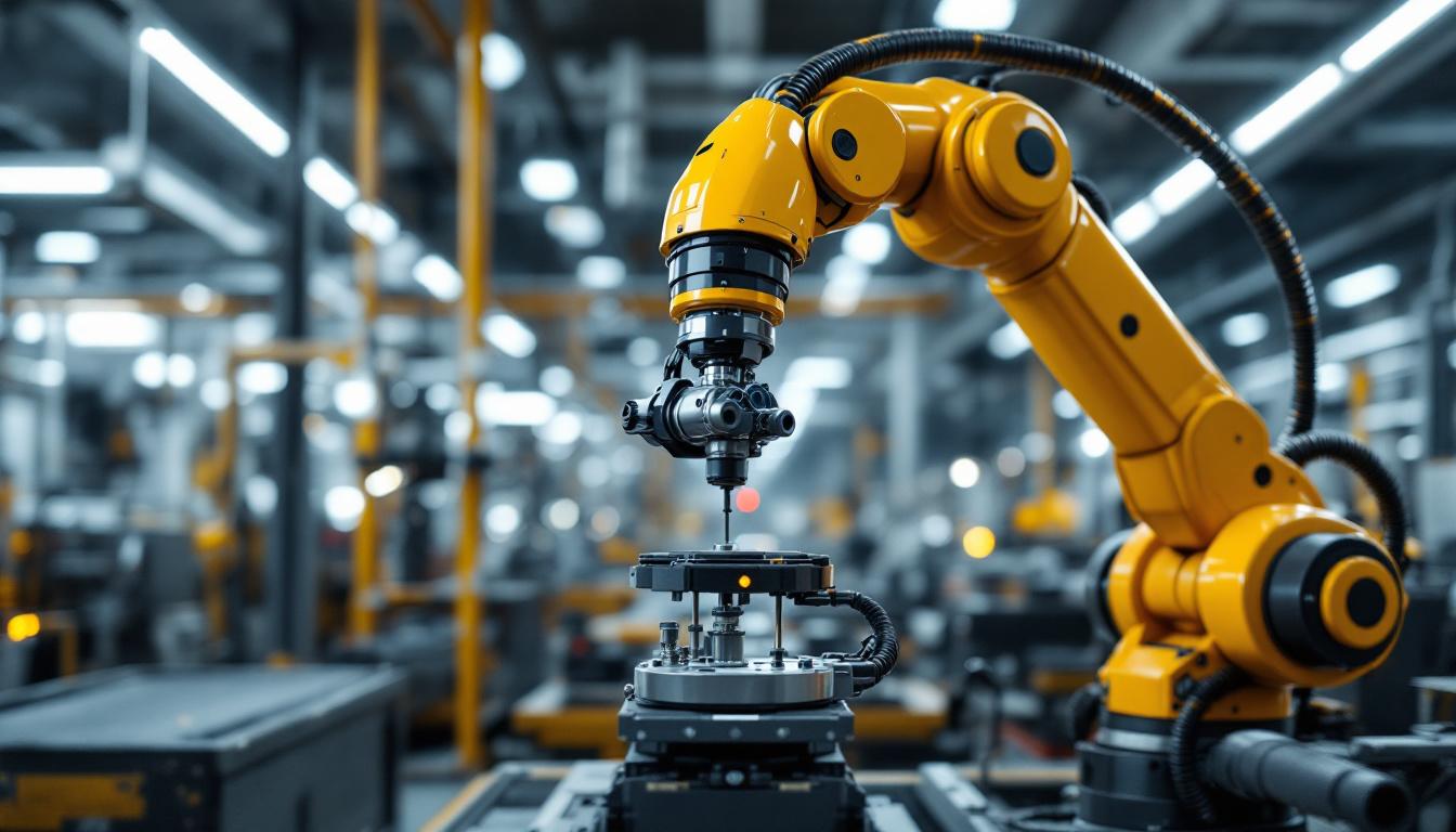 A photograph of a sleek industrial robotic arm in action within a modern manufacturing environment