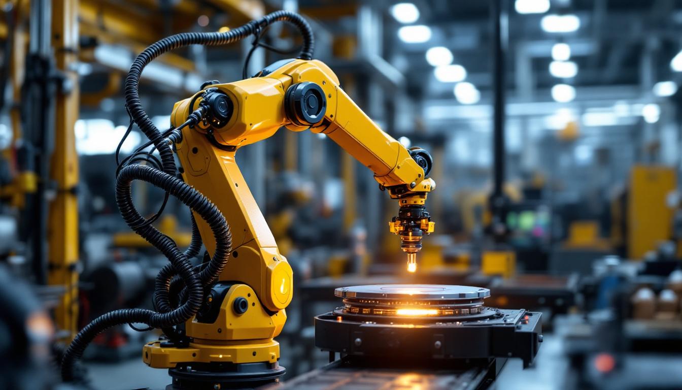 A photograph of a sleek industrial robotic arm in action within a modern manufacturing environment