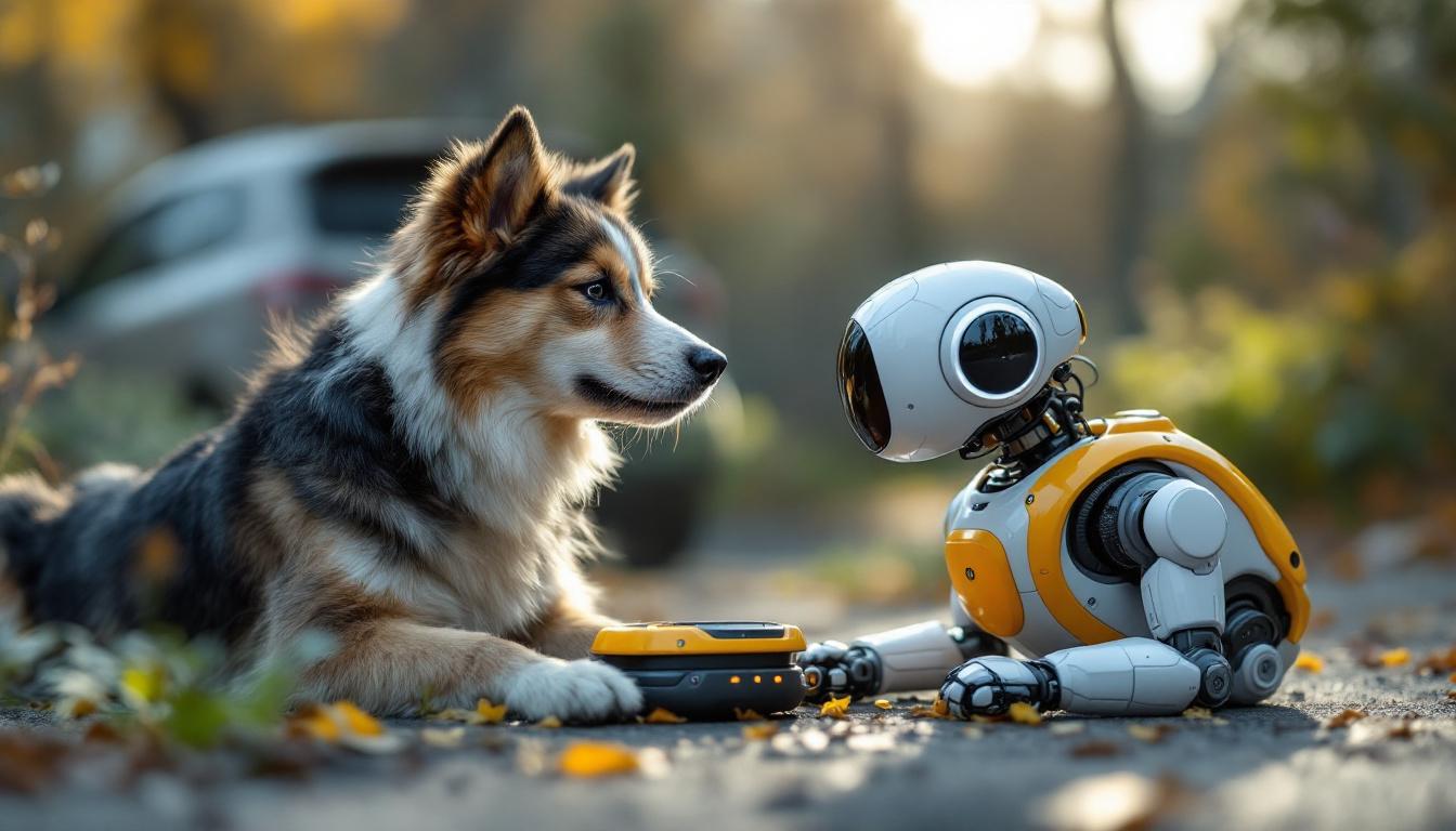 A photograph of a dynamic scene featuring a rescue dog interacting with a robotic device