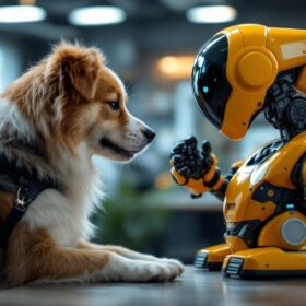 A photograph of a playful dog interacting with a sleek industrial robot in a modern workspace