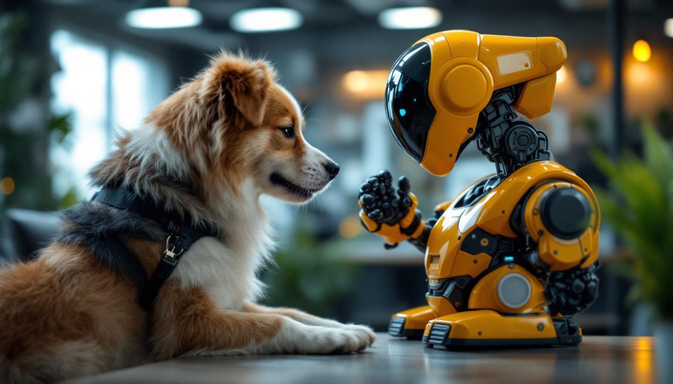 A photograph of a playful dog interacting with a sleek industrial robot in a modern workspace
