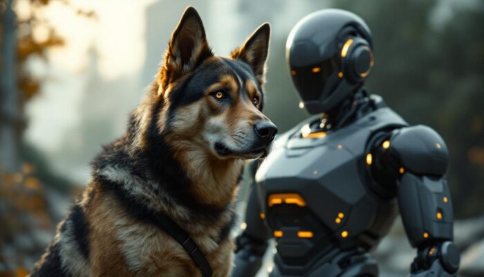 A photograph of a powerful and majestic guard dog standing protectively in front of a sleek