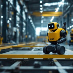 A photograph of a spot robot navigating an industrial environment