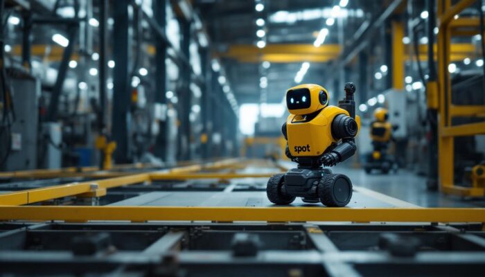 A photograph of a spot robot navigating an industrial environment