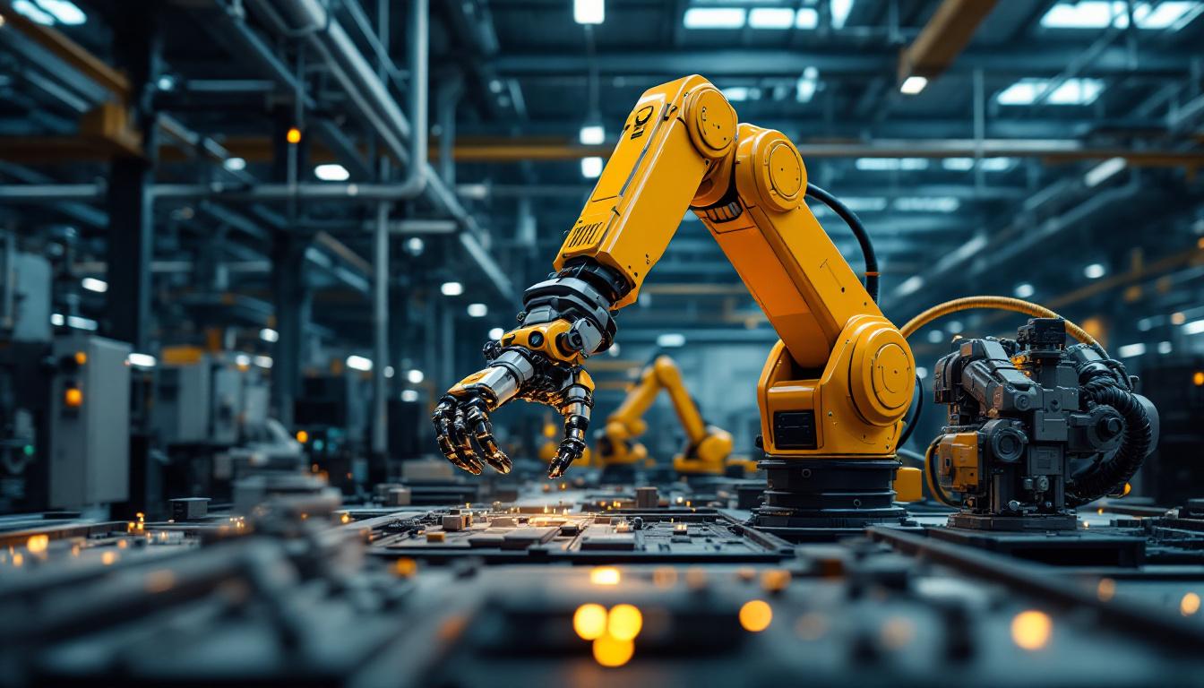 A photograph of a modern industrial setting featuring a spike enterprise robotic arm in action