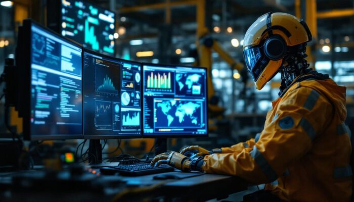 A photograph of a dynamic scene showcasing a cybersecurity professional analyzing data on multiple screens