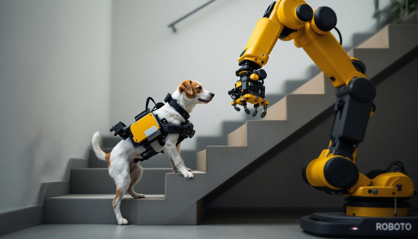A photograph of a dog using a specialized device to assist it in climbing stairs