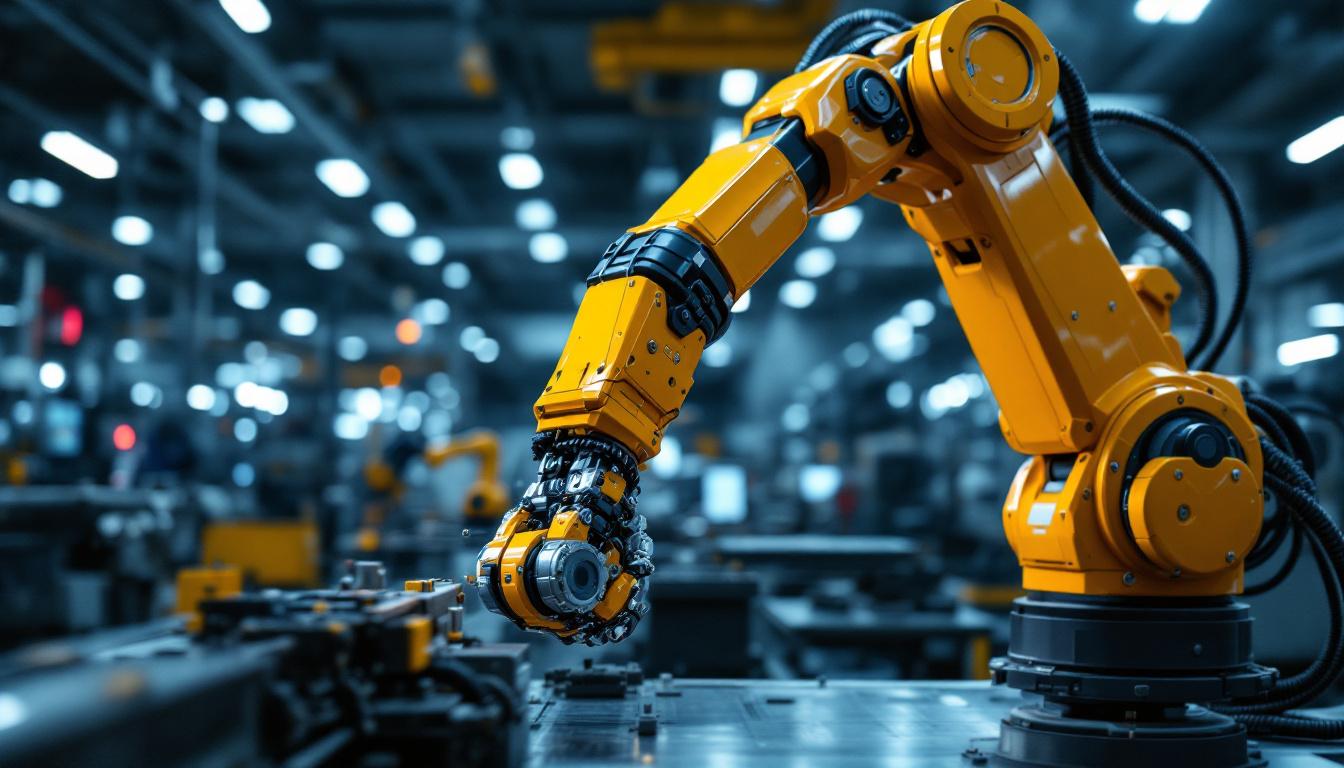 A photograph of a sleek industrial robotic arm in action within a modern manufacturing environment