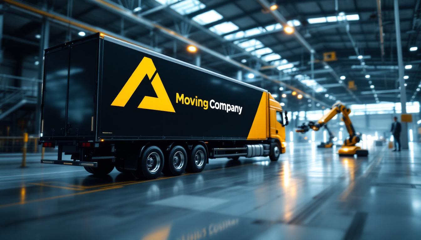 A photograph of a dynamic and modern moving company logo displayed prominently on the side of a sleek moving truck