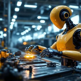 A photograph of capture a photograph of a sleek industrial robot in action on a factory floor