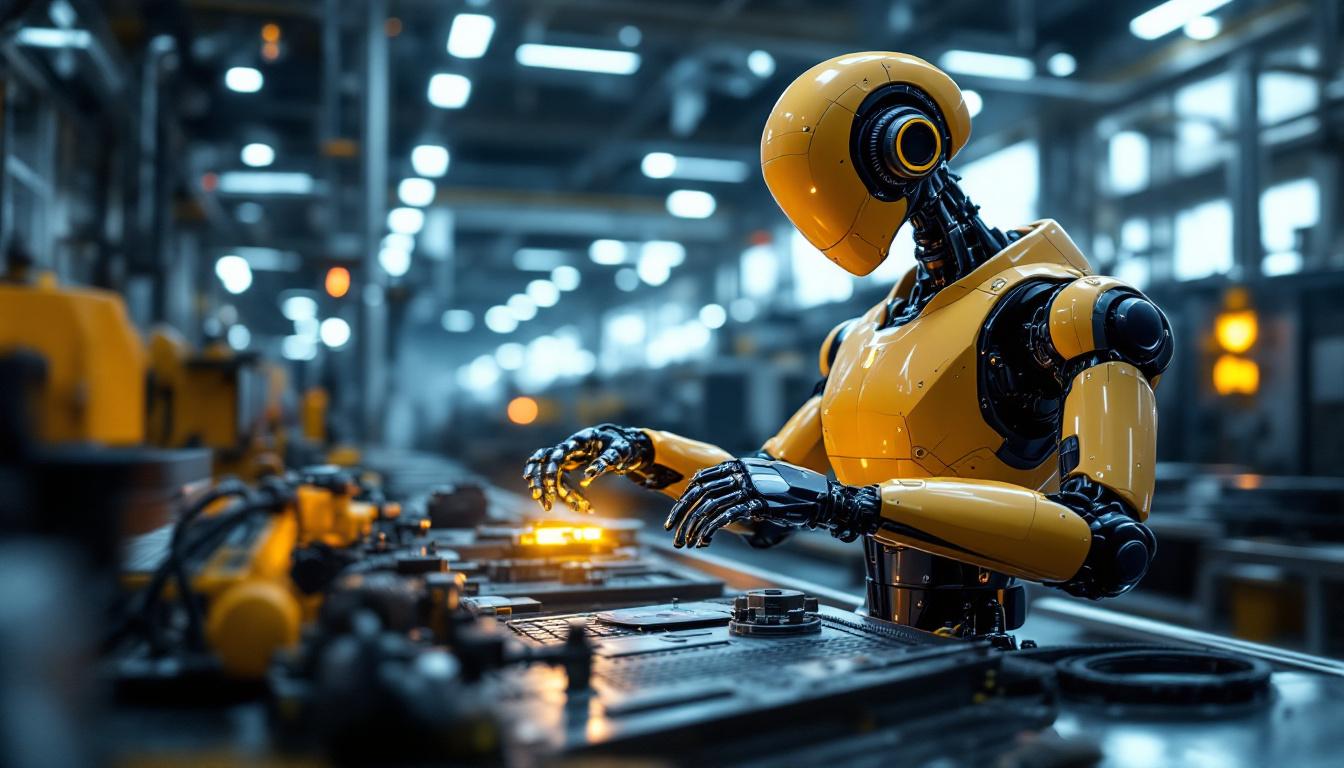 A photograph of capture a photograph of a sleek industrial robot in action on a factory floor