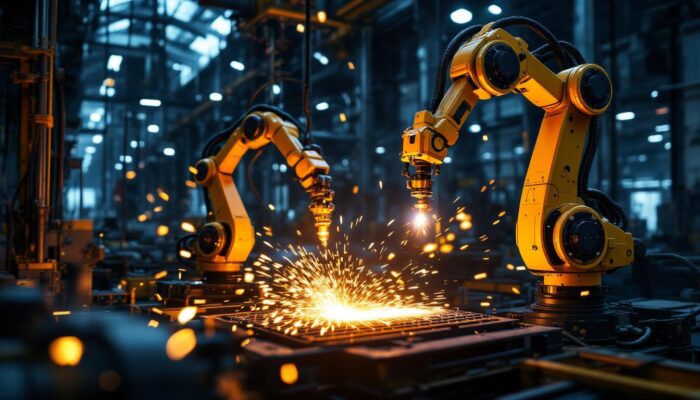 A photograph of a dynamic industrial setting showcasing advanced robotic arms in action alongside innovative fire manufacturing processes