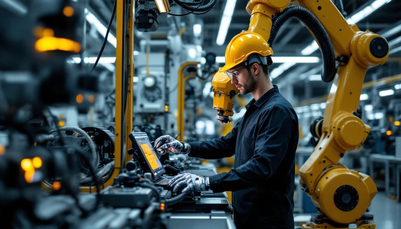 A photograph of a skilled technician operating a state-of-the-art boston scientific robotic system in a modern industrial setting