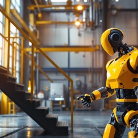 A photograph of capture a photograph of a modern industrial setting featuring a robust set of metal stairs alongside a sleek industrial robot in action