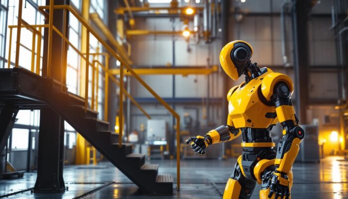 A photograph of capture a photograph of a modern industrial setting featuring a robust set of metal stairs alongside a sleek industrial robot in action