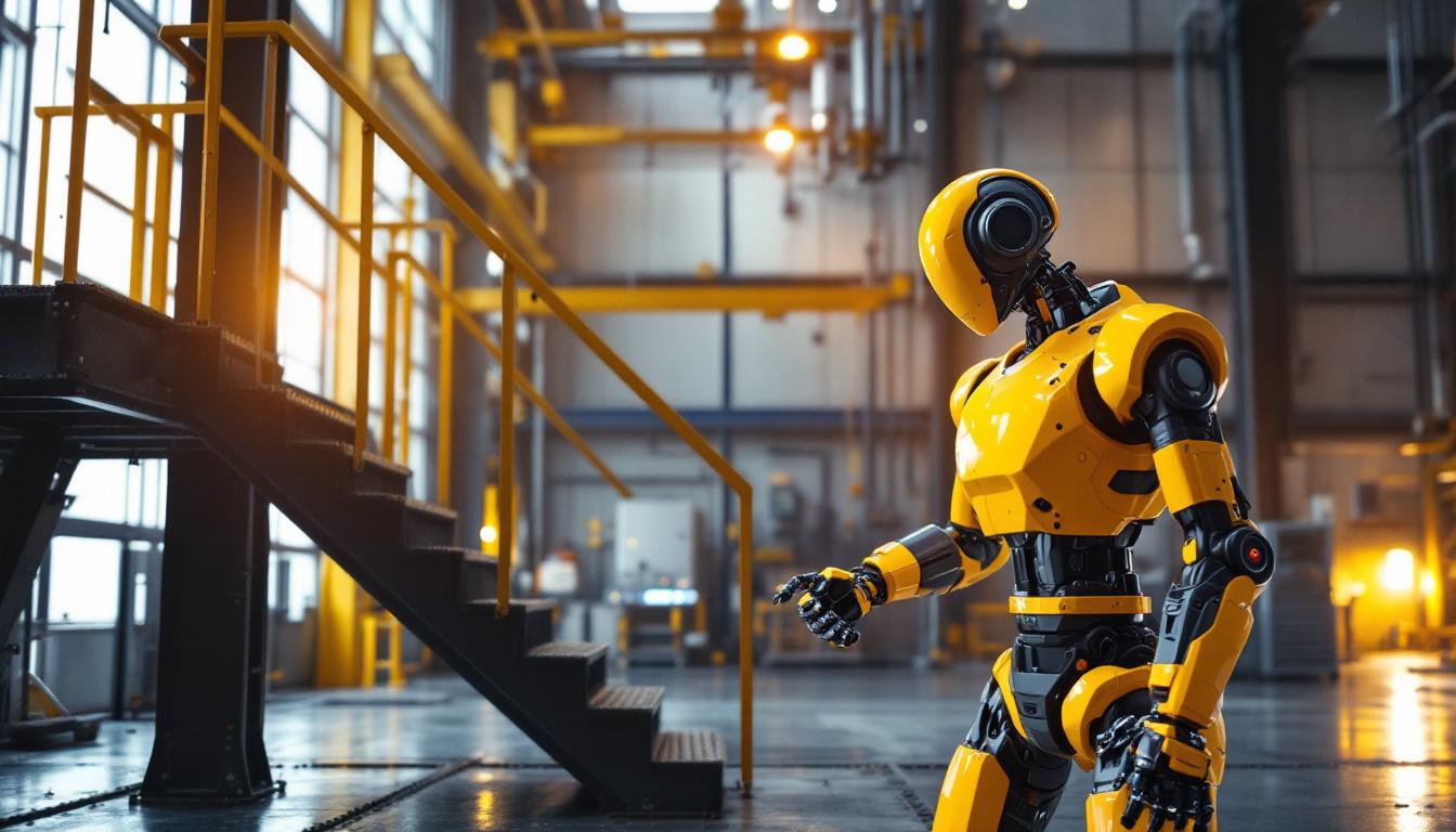 A photograph of capture a photograph of a modern industrial setting featuring a robust set of metal stairs alongside a sleek industrial robot in action