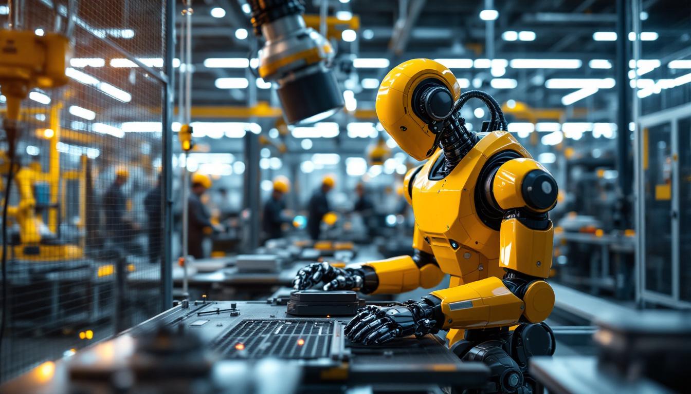 A photograph of a modern industrial robot working alongside human operators in a dynamic factory setting