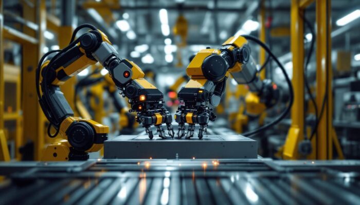 A photograph of a di-di twin robotic system in action within an industrial setting
