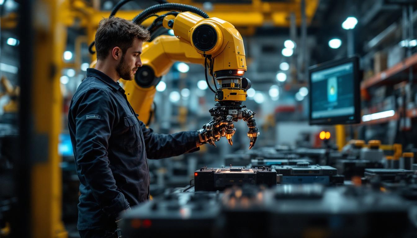 A photograph of a skilled technician demonstrating the precise operation of an industrial robot