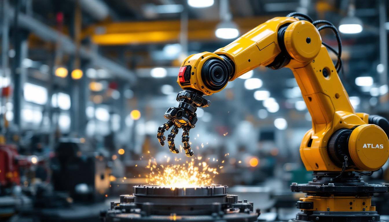 A photograph of a dynamic industrial setting featuring an atlas robot in action