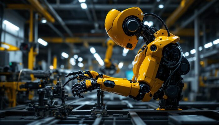 A photograph of a sleek industrial robot in action within a modern manufacturing environment