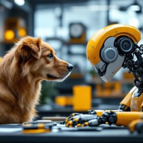 A photograph of a dynamic scene showcasing a friendly dog interacting with a sleek industrial robot in a modern workspace