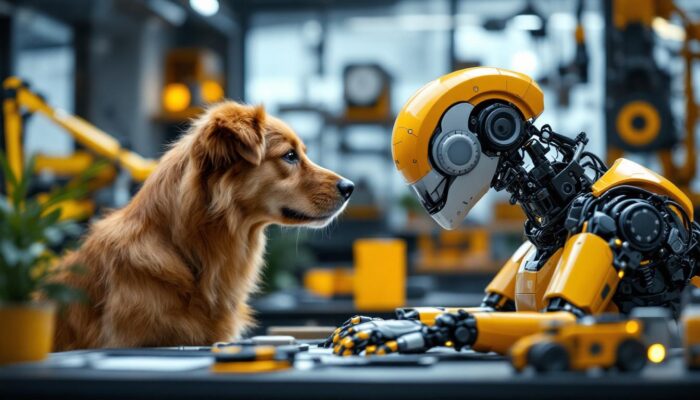 A photograph of a dynamic scene showcasing a friendly dog interacting with a sleek industrial robot in a modern workspace