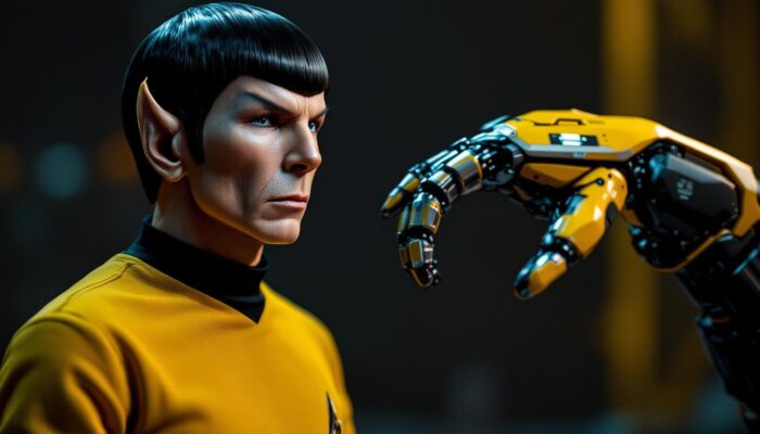 A photograph of a striking juxtaposition between a lifelike model of spock