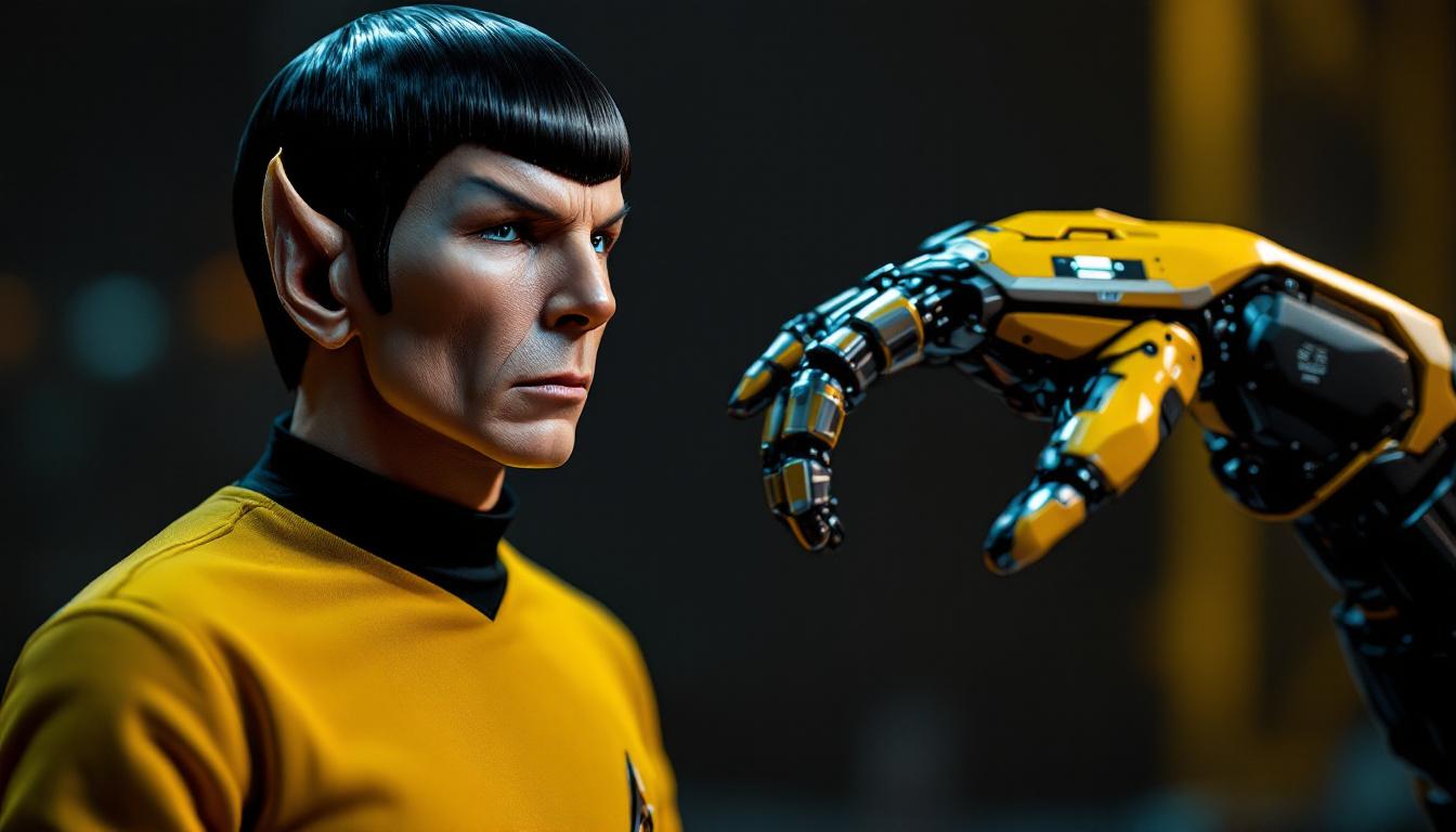 A photograph of a striking juxtaposition between a lifelike model of spock