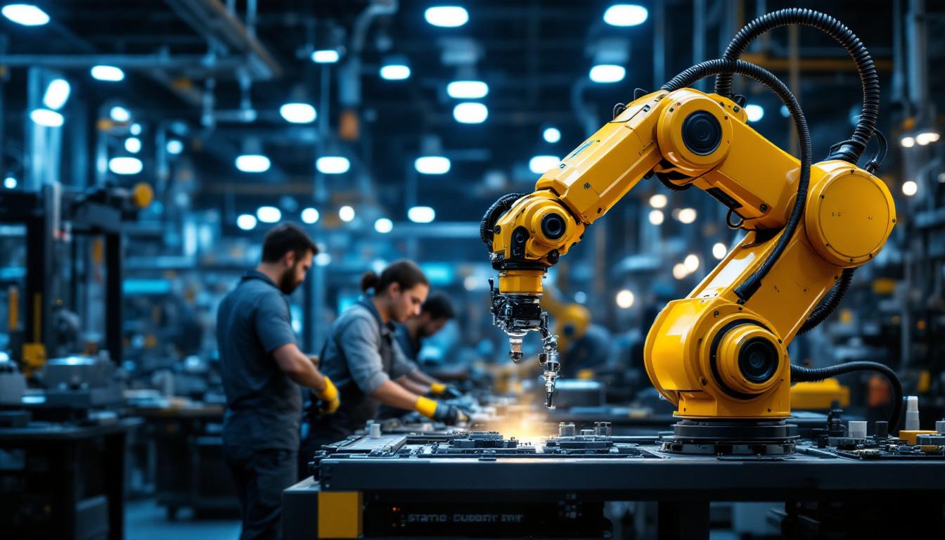 A photograph of a dynamic industrial setting showcasing a robotic arm in action