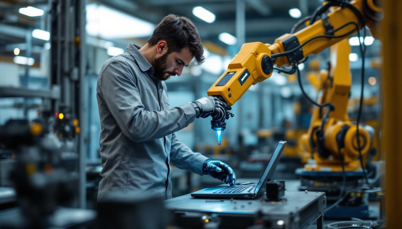 A photograph of a skilled technician programming an industrial robot in a modern manufacturing setting