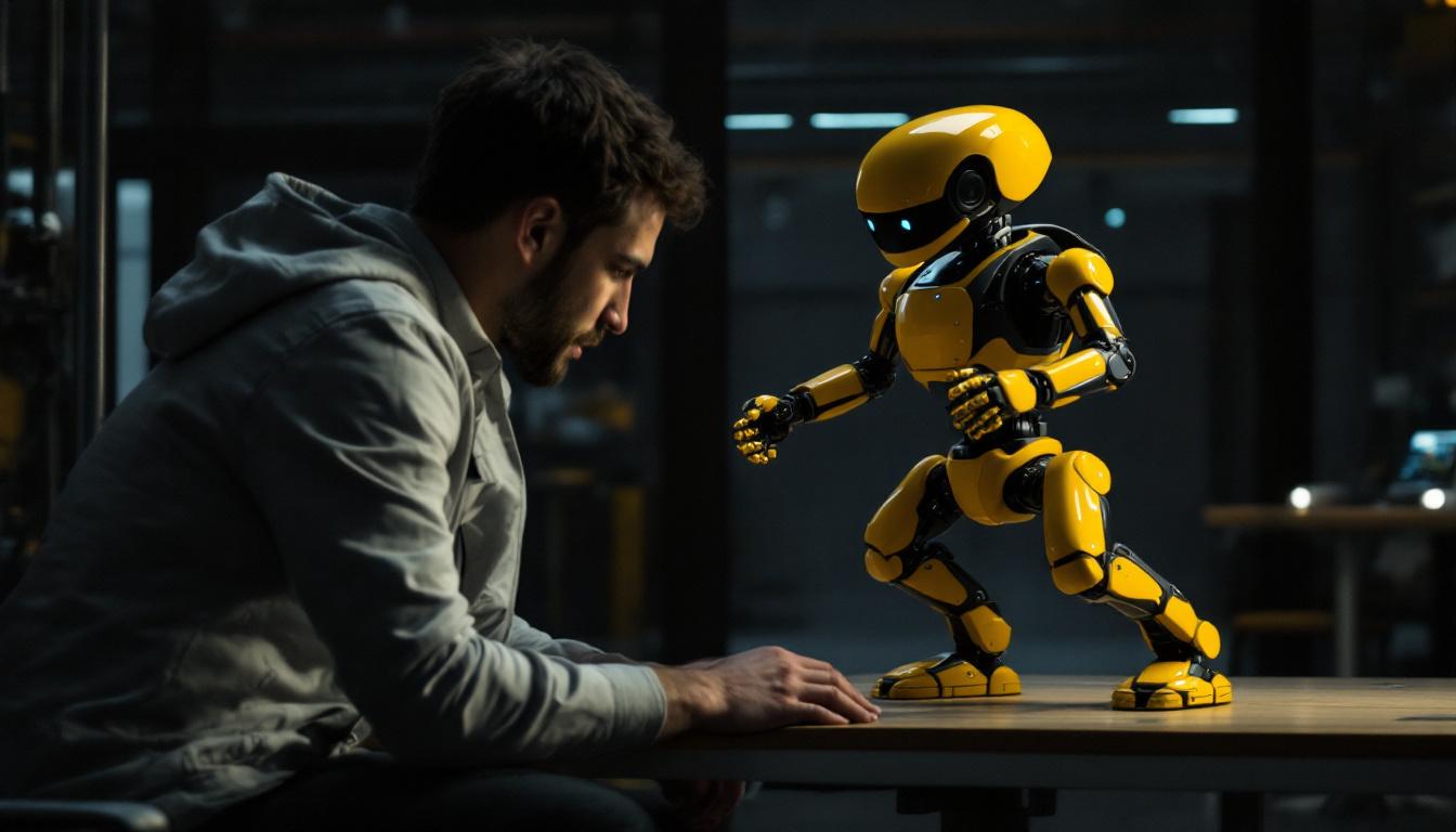 A photograph of a human and an industrial robot engaging in a dynamic interaction that highlights the concept of quadrupedal movement