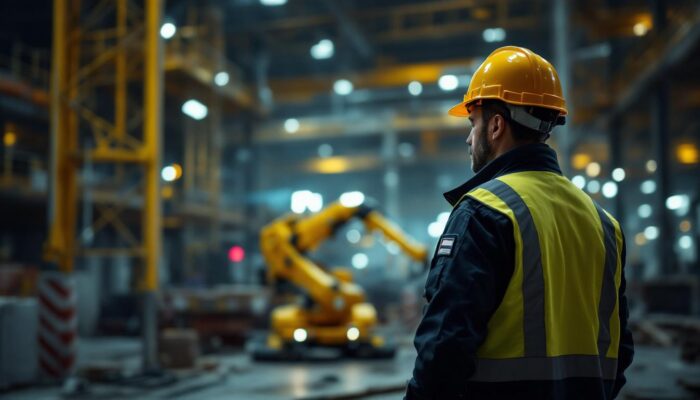 A photograph of a construction site featuring a security guard monitoring the area