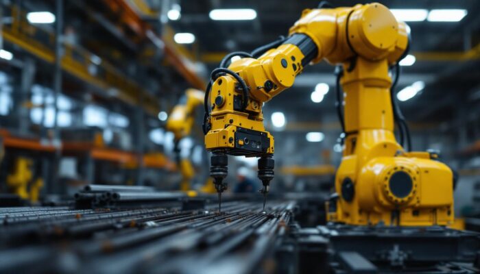 A photograph of a skilled technician operating a robotic arm in a modern industrial setting