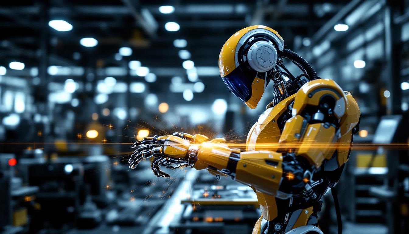 A photograph of a sleek industrial robot in action within a modern manufacturing setting