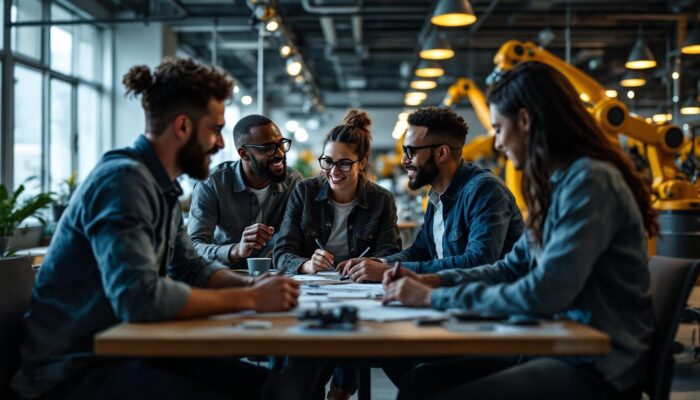 A photograph of a dynamic and collaborative agile team in a modern workspace