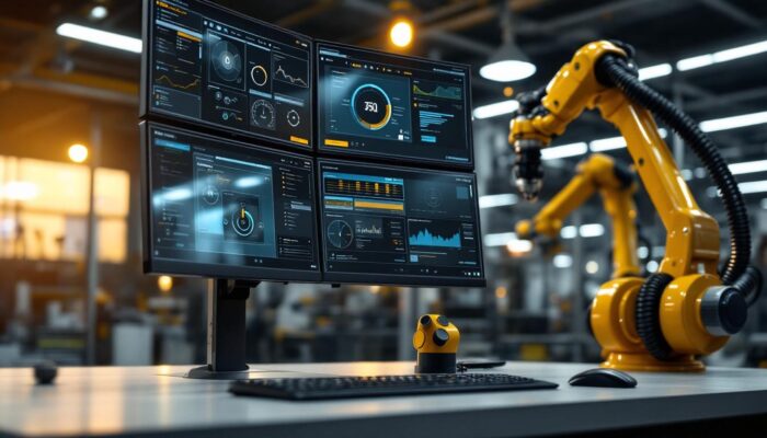 A photograph of a sleek quad monitor mount setup in an industrial workspace