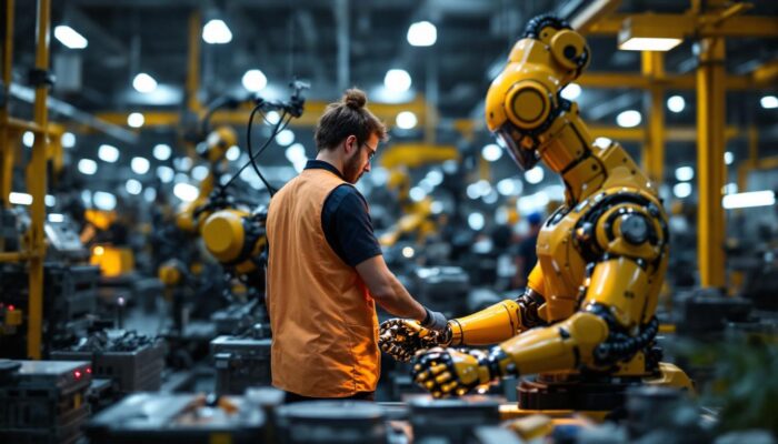 A photograph of a collaborative industrial robot working alongside human workers in a factory setting