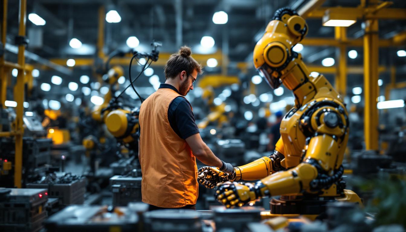 A photograph of a collaborative industrial robot working alongside human workers in a factory setting
