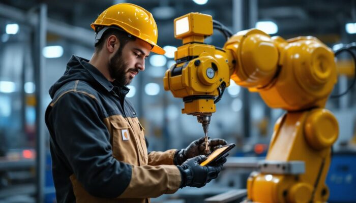 A photograph of a skilled worker in a carhartt outfit operating an industrial robot