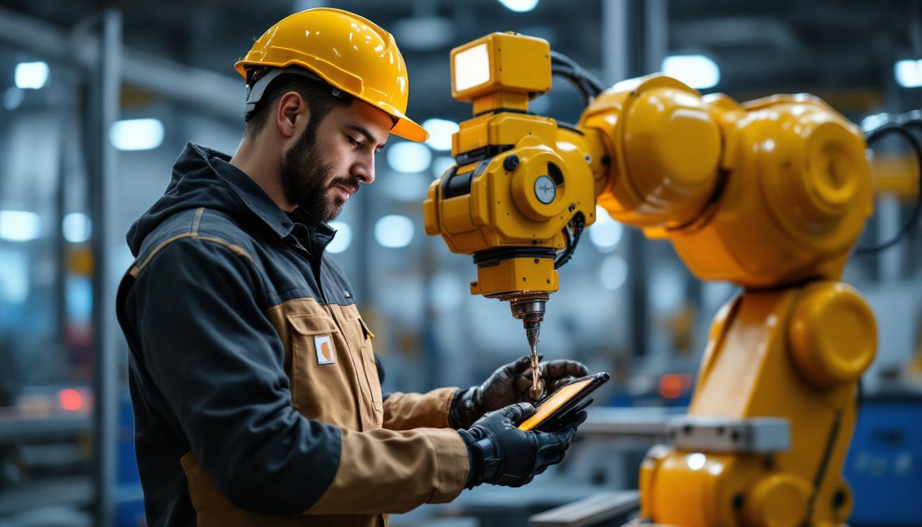 A photograph of a skilled worker in a carhartt outfit operating an industrial robot