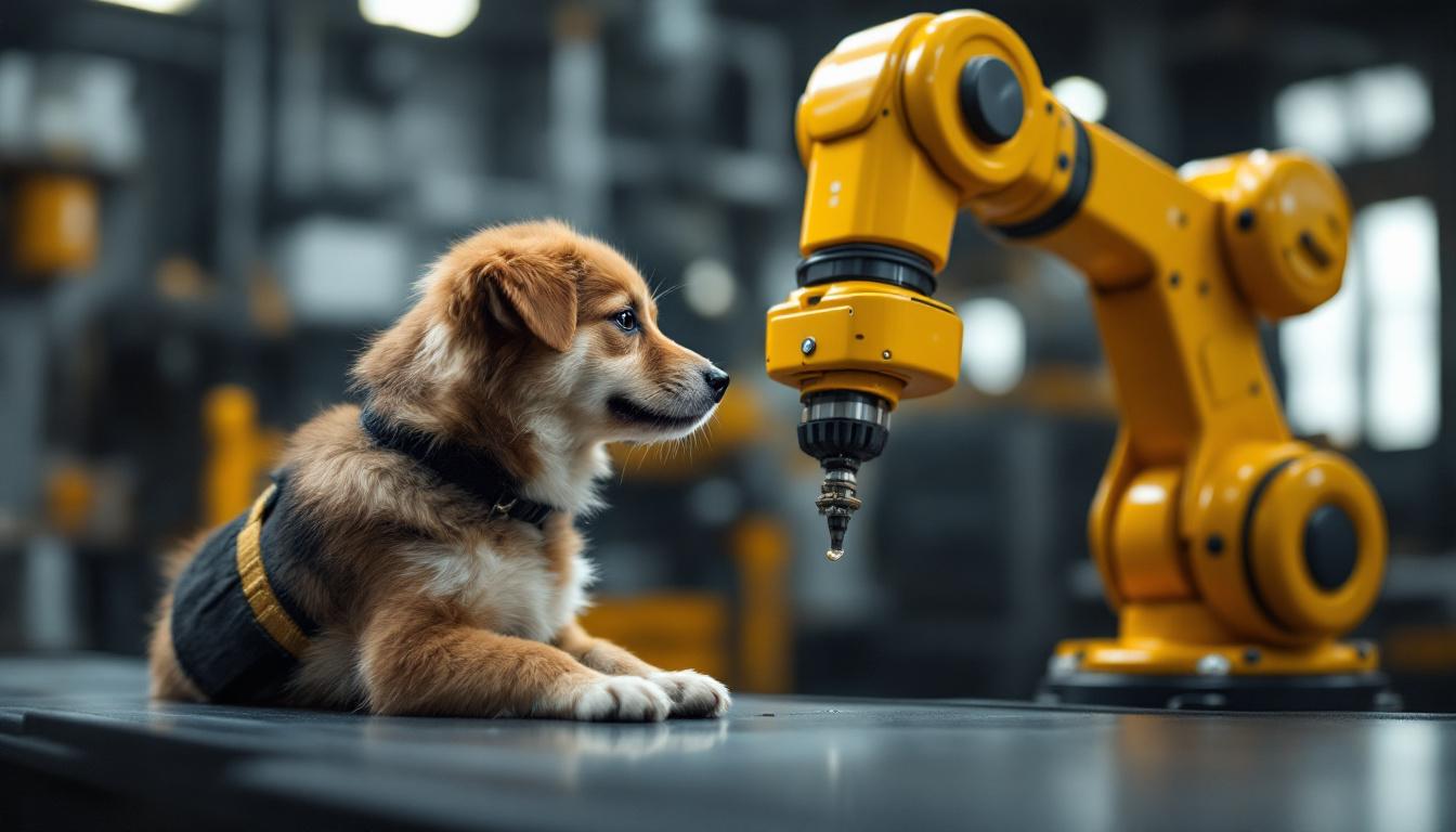 A photograph of a playful dog interacting with a sleek industrial robotic arm in a modern workshop setting