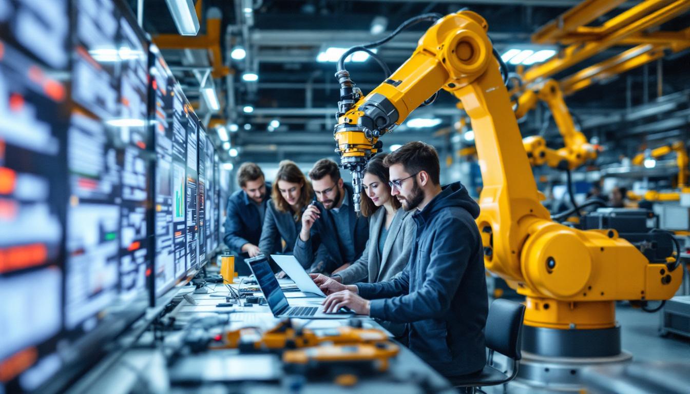 A photograph of a dynamic industrial robotics workspace