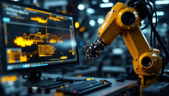 A photograph of a close-up of a computer screen displaying a warm yellowish hue alongside an industrial robotic arm in action