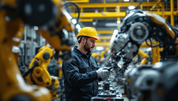 A photograph of a mechanical engineer working alongside industrial robots in a high-tech california manufacturing facility