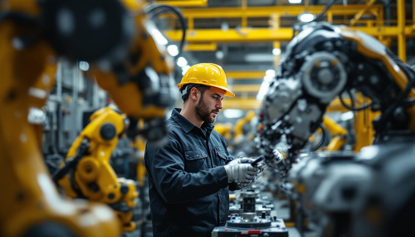 A photograph of a mechanical engineer working alongside industrial robots in a high-tech california manufacturing facility
