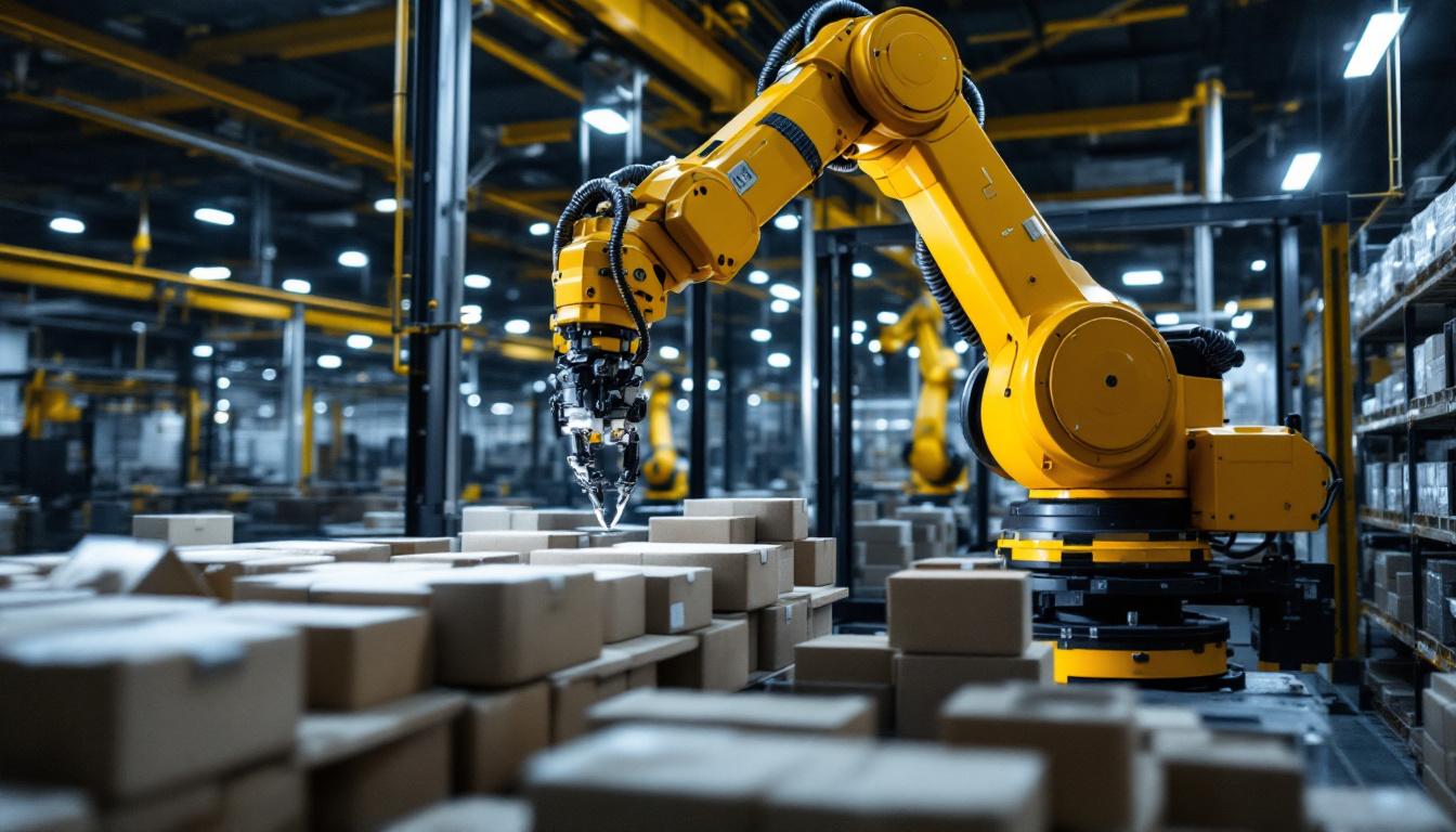 A photograph of capture a photograph of a modern industrial setting featuring a robotic arm in action