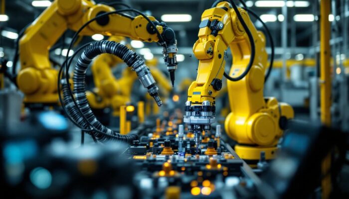 A photograph of a boston scientific facility showcasing advanced industrial robotics in action