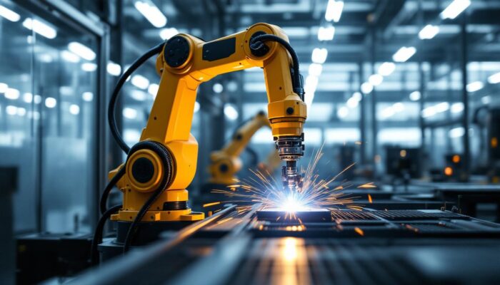 A photograph of a sleek industrial robotic arm in action