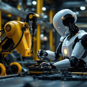 A photograph of a sleek industrial robot in action within a modern manufacturing facility